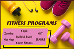 Yellow Background with words fitness programs zumba hip hop yoga build & burn youth fitness HIIT STARRE