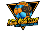 orange and blue soccer ball on black triangle with words a step ahead soccer kid's success is our goal