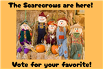 Image of Scarecrows on orange background and black text that reads the scarecrows are here vote for your favorite