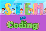 Text  reads STEM and Coding in various colors. Illustrated children in background performing science experiements