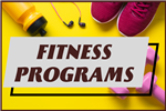 text fitness programs on yellow background with yellow water bottle, ear buds, sneakers and hand weights