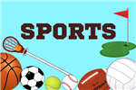 text sports on blue background with golf green and red flag, basketball, soccer ball, tennis ball, baseball, football, volleyball and lacross stick and ball