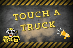 yellow text touch a truck on black pavement background with racoon dressed as construction worker driving a yellow jeep and a megaphone