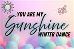 PINK TO ORANGE OMBRE BACKGROUND WITH TIE DYE SUN, PINK CAMERA CLIPART AND PASTEL BALLOONS AT THE BOTTOM AND THE WORDS YOU ARE MY SUNSHINE WINTER DANCE