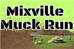 Lime green top with mud splatter bottom, picture of kids climbing over a hay bale pyramid and the words mixville muck run