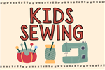 Words Kids sewing with image of pin cushion, bobbin with thread and needle and sewing machine