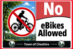 No eBikes Allowed text with image of ebike with slash through it