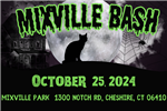 spooky image of black cat in front of moon with spider web and text Mixville Bash October 25, 2024 Mixville Park 1300 Notch Road, Cheshire CT 06410