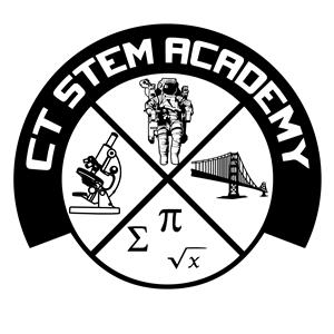 Circular logo with words CT STEM Academy arced across the top and a circle with four quadrants displaying a microscope, an astronaut, a bridge and math symbols