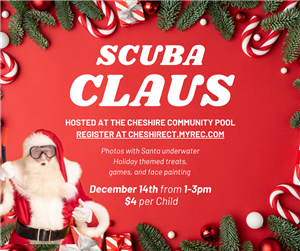 red background greens and candy canes and santa wearing a scuba mask. words scuba claus hosted at the cheshire community pool