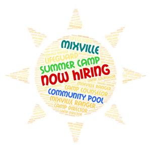 word cloud forming image of a yellow sun featuring the words mixville, lifeguard, summer camp, now hiring, community pool, camp director, mixville ranger, camp counselor, lifeguard