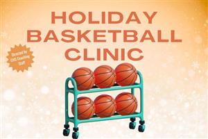 words Holiday Basketball Clinic in orange on snowy background with 6 orange basketballs on a teal cart