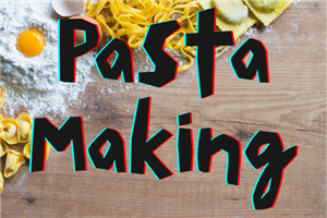 tortellini, flour, egg, linguini and ravioli on a wood plank with the words pasta making