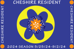 purple background with flower - text reads cheshire resident 2024 season
